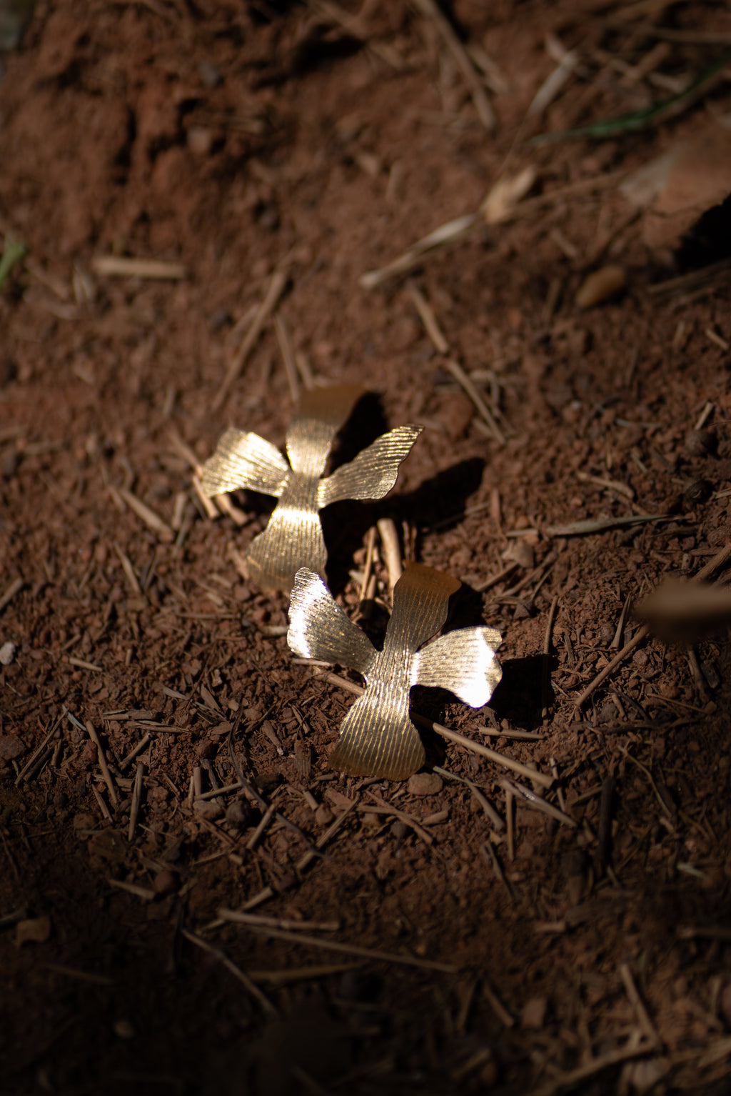 Closeup of beautiful Floral shaped, komal floret earrings kept on red soil. 