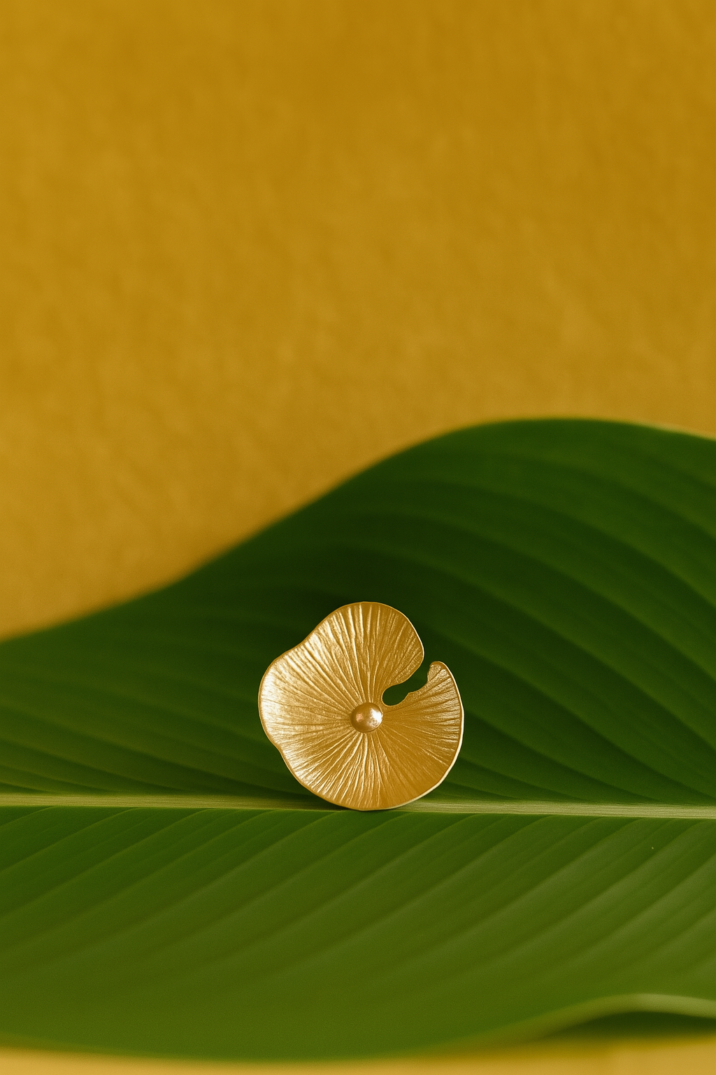 Gold plated lotus leaf shaped statement ring on a green leaf with a mustard yellow background.