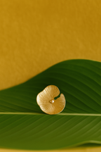 Gold plated lotus leaf shaped statement ring on a green leaf with a mustard yellow background.