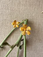 Close-up shot of the gold toned Manjari Ring resting on fresh green flower stems against a neutral textured fabric background.