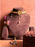 Nargis Choker on velvet bust styled with small terracotta pots and dried pink Globe Amaranth flowers, warm earthy backdrop